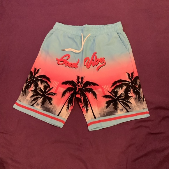 Good Vibes‎ Swim Trunks Baby Blue Palm Trees Mens Size Large - Picture 1 of 3